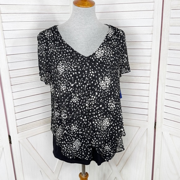 Apt. 9 Polka Dot Tiered Layers Split Flutter Sleeve Top Blouse Black White Small - Picture 1 of 14